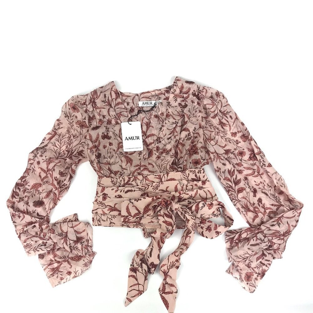 AMUR Helene Tie Waist Floral Silk Wrap Crop Top - Picture 10 of 16